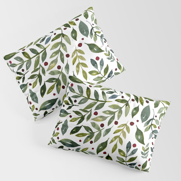 Seasonal branches and berries - sap green and burgundy Pillow Sham