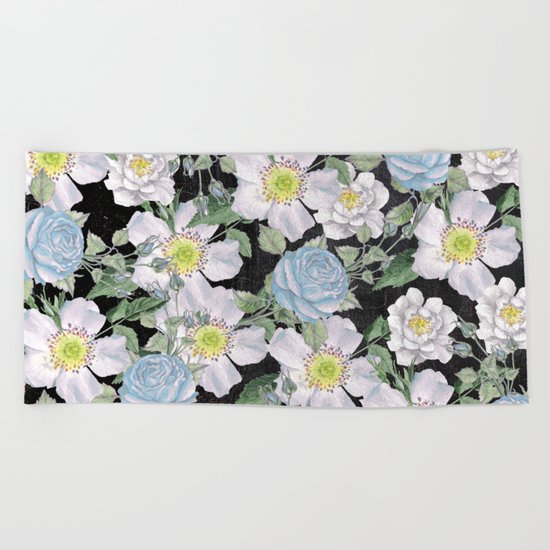 Vintage Rose Pattern Blue On Chalkboard Beach Towel