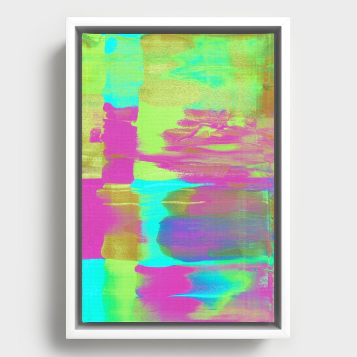 Neon Paint Smear with Magenta, Teal, Lime and Gold Framed Canvas