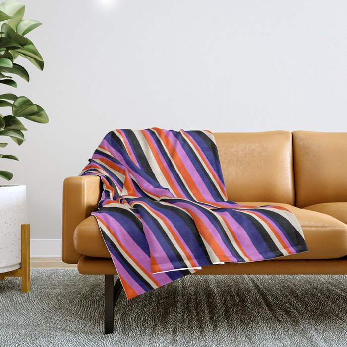 Vibrant Midnight Blue, Orchid, Red, Beige & Black Colored Striped/Lined Pattern Throw Blanket