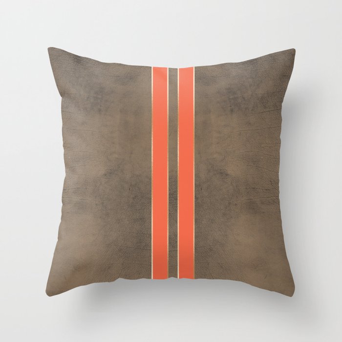 Vintage Hipster Retro Design - Brown Leather with Gold and Orange Stripes Throw Pillow
