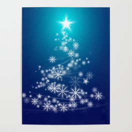 Whimsical Glowing Christmas Tree with Snowflakes in Blue Bokeh Poster