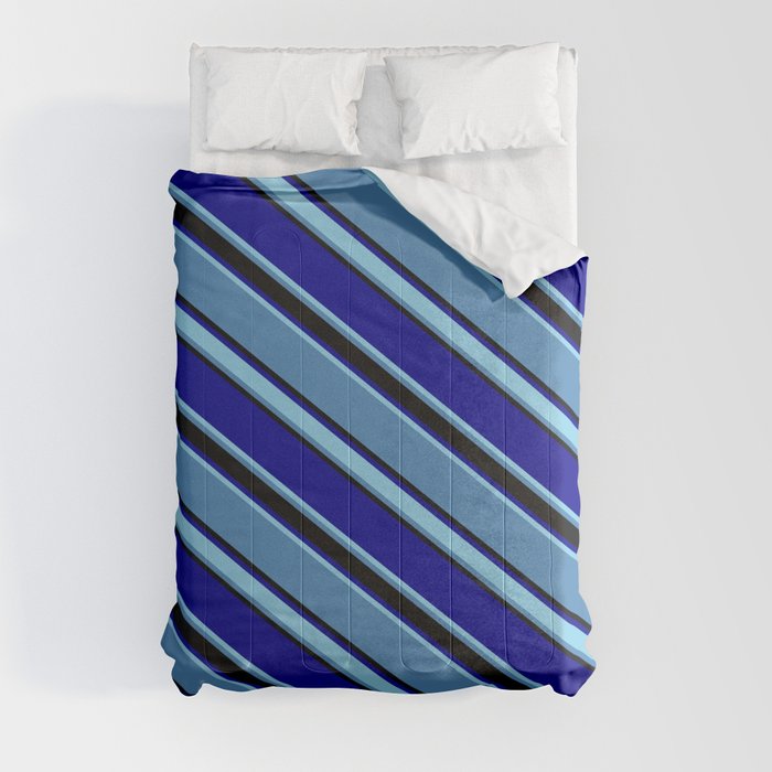 Blue, Black, Dark Blue & Sky Blue Colored Pattern of Stripes Comforter