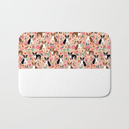 Boston Terrier cute floral pattern spring summer happy pet portrait dog person gift must haves dogs Bath Mat