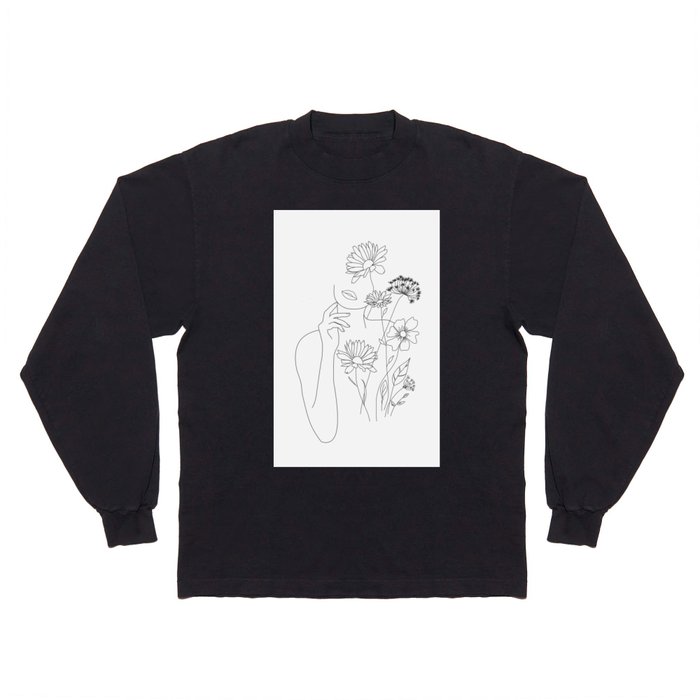 Minimal Line Art Woman with Flowers III Long Sleeve T Shirt