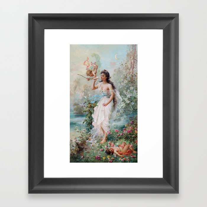 Hans Zatzka - Allegorical painting of two cherubs and a maiden in a classical landscape. Framed Art Print