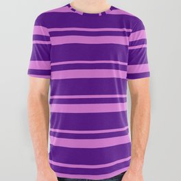 [ Thumbnail: Orchid and Indigo Colored Lined/Striped Pattern All Over Graphic Tee ]