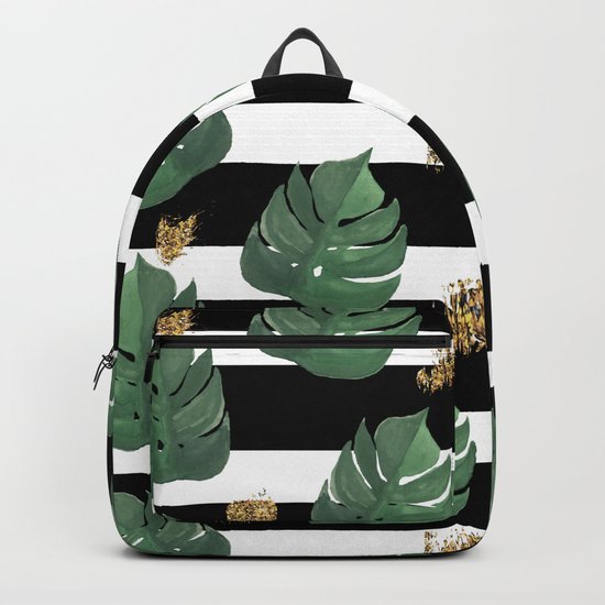 Seamless tropical leaves pattern on stripes background. Greens leaves of exotic monstera plant. Retr Backpack