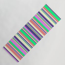 [ Thumbnail: Vibrant Light Coral, Green, Violet, Dark Slate Blue, and Light Yellow Colored Pattern of Stripes Yoga Mat ]