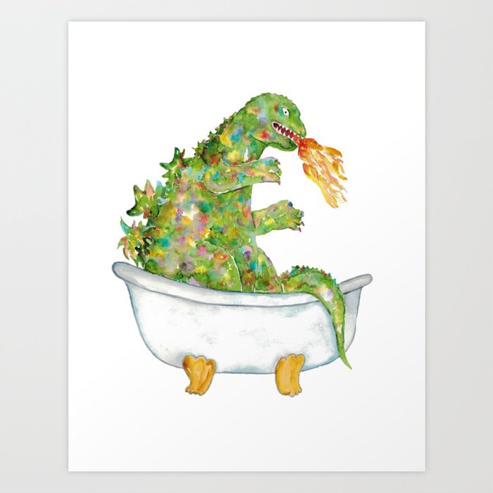 Godzilla taking bath painting watercolour Art Print