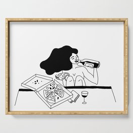 girl drinking wine eating pizza Serving Tray