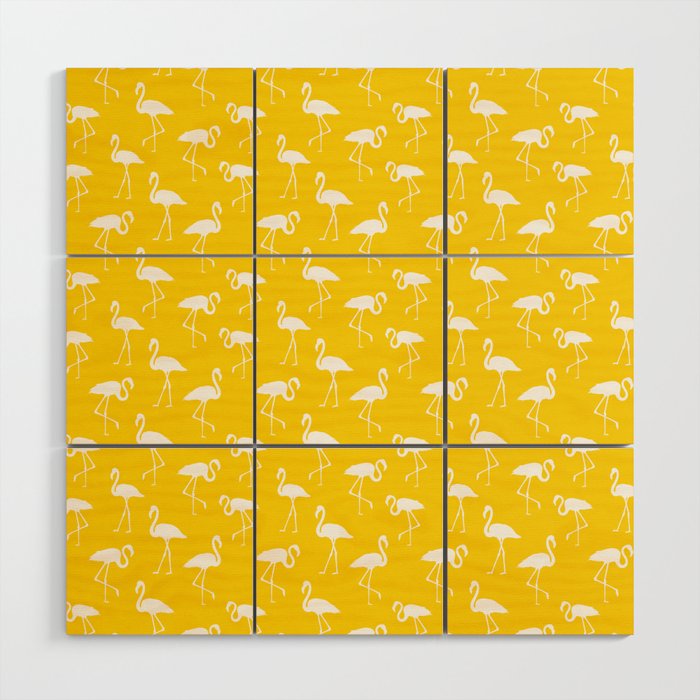 White flamingo silhouettes seamless pattern on yellow background Wood Wall Art
