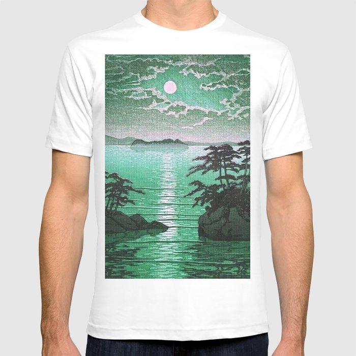 Full Moon at Futago Island, Japan tropical tropical Pacific Islands landscape nautical painting by Hasui Kawase in emerald green T Shirt
