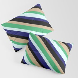 [ Thumbnail: Eye-catching Tan, Sea Green, Light Cyan, Midnight Blue, and Black Colored Lined/Striped Pattern Pillow Sham ]
