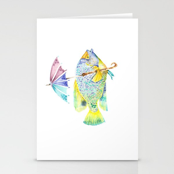 Fishy Fish - Original Watercolor of Yellow Mask Angel Fish with Umbrella Stationery Cards