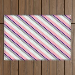 [ Thumbnail: Indigo, Dark Grey, Mint Cream, and Light Pink Colored Lines Pattern Outdoor Rug ]