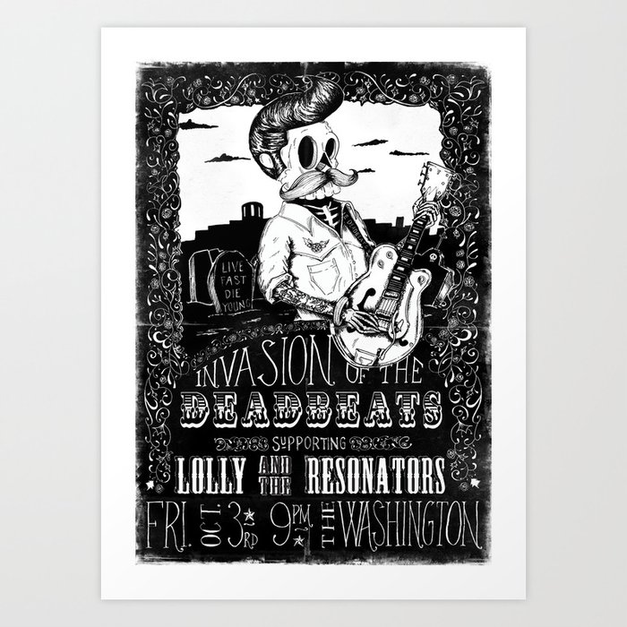 Monochrome Skull Guitar Rockabilly Poster Art Print