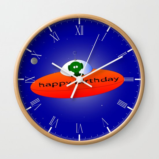 Happy Birthday Alien Wall Clock By Homestead Society6