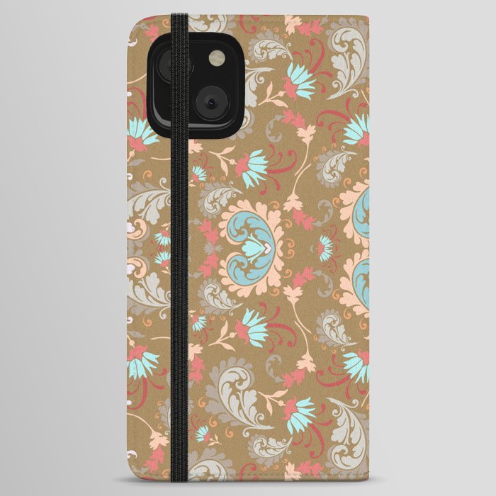 brown and powder blue floral bold paisley flower bohemian iPhone Wallet Case
