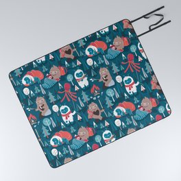 Besties // blue background white Yeti brown Bigfoot blue pine trees red and coral details Picnic Blanket