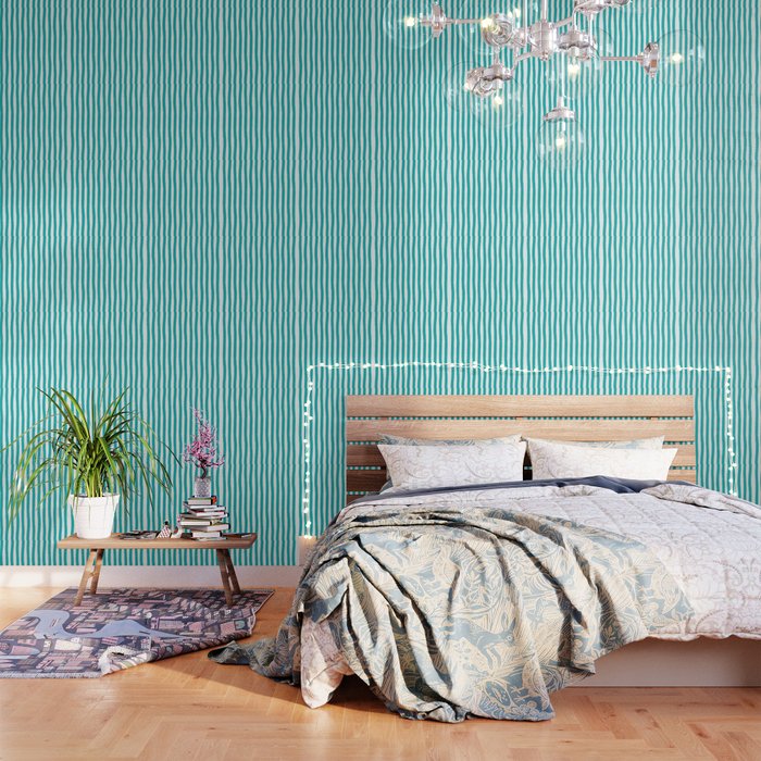 Turquoise and White Cabana Stripes Palm Beach Preppy Wallpaper