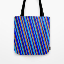 [ Thumbnail: Midnight Blue, Chocolate, Deep Sky Blue & Blue Colored Striped/Lined Pattern Tote Bag ]