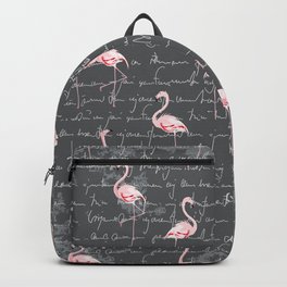 Seamless vintage pattern with flamingo flock on dark grey grunge background with imitation of handwritten text. Text unreadable and contains no foreign language.  Backpack | Vintage, Seamless, Bird, Exoticbird, Homedecor, Digital, Illustration, Graphicdesign, Darkbackground, Tropical 