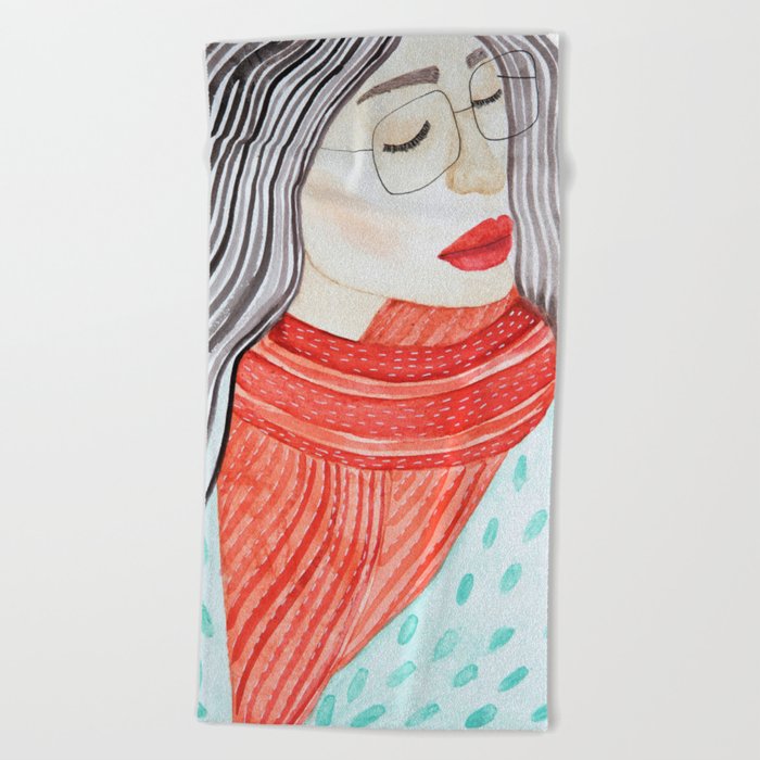 Beautiful lady with closed eyes in a red scarf wearing eyeglasses. Watercolor illustration. Beach Towel