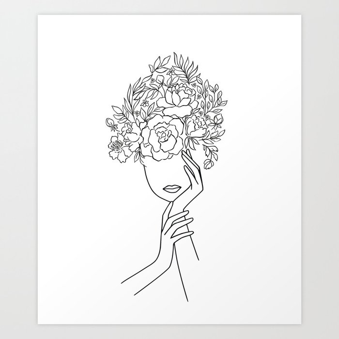 Pensive Woman With Flower Head Minimal Line Art #Society6 #Buyart Art Print