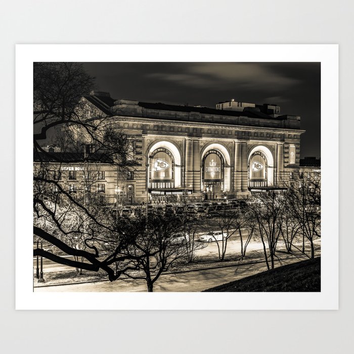 Kansas City Union Station and Chiefs Banners in Sepia Art Print