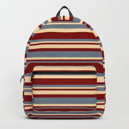 [ Thumbnail: Slate Gray, Tan, and Maroon Colored Striped/Lined Pattern Backpack ]