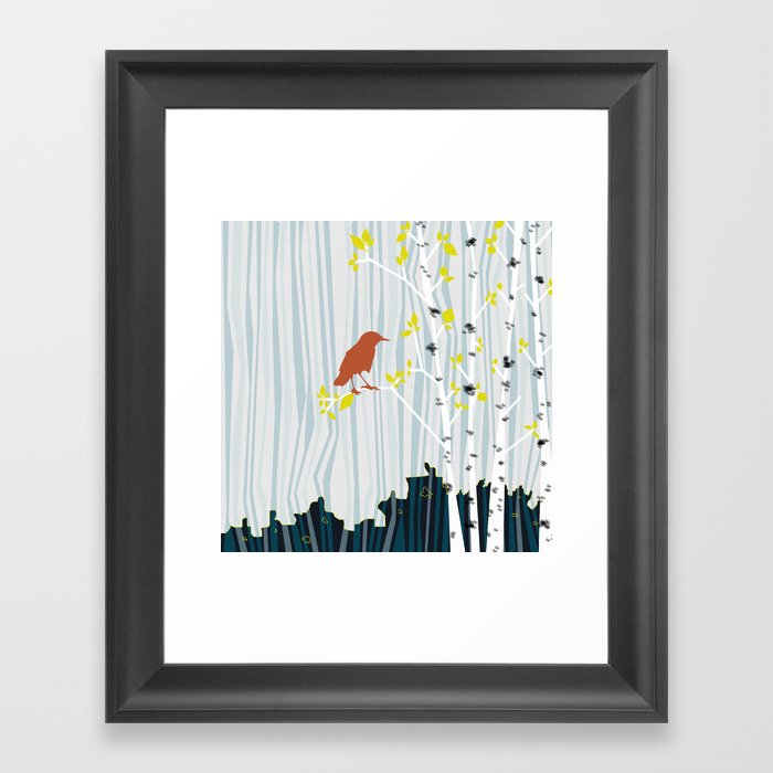 bird in birch Framed Art Print