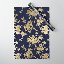 Elegant vintage navy blue faux gold flowers Wrapping Paper