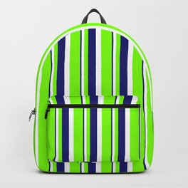 [ Thumbnail: Chartreuse, White & Midnight Blue Colored Stripes Pattern Backpack ]