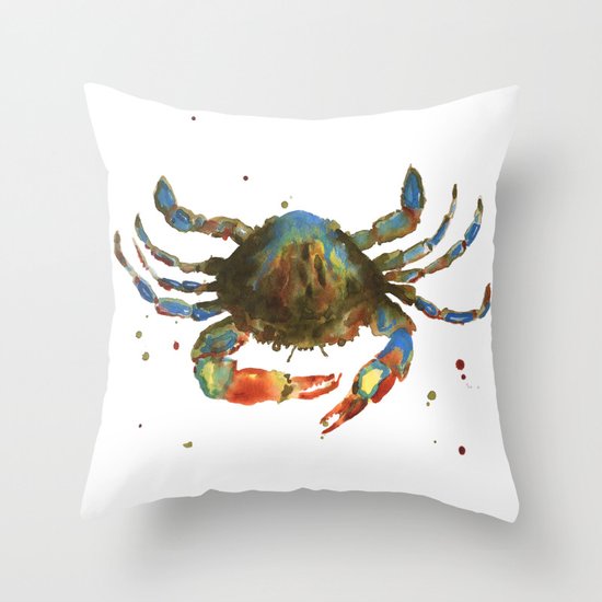 Crab art, coastal art, watercolor crab, crab pillow, beach house pillow Throw Pillow