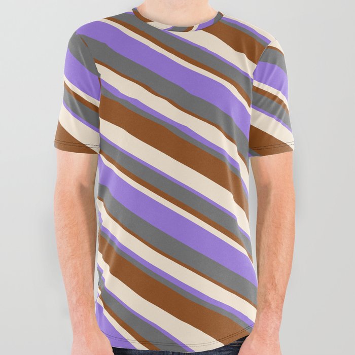 Beige, Purple, Dim Grey, and Brown Colored Striped/Lined Pattern All Over Graphic Tee