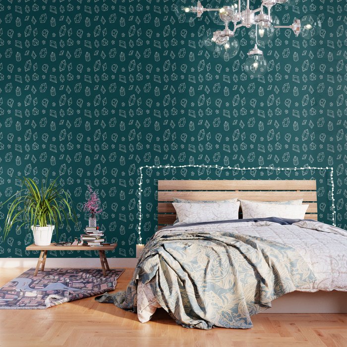 Teal Blue and White Gems Pattern Wallpaper