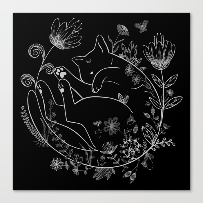 Sleeping Beauty magical black cat in flowers lineart Luna Canvas Print