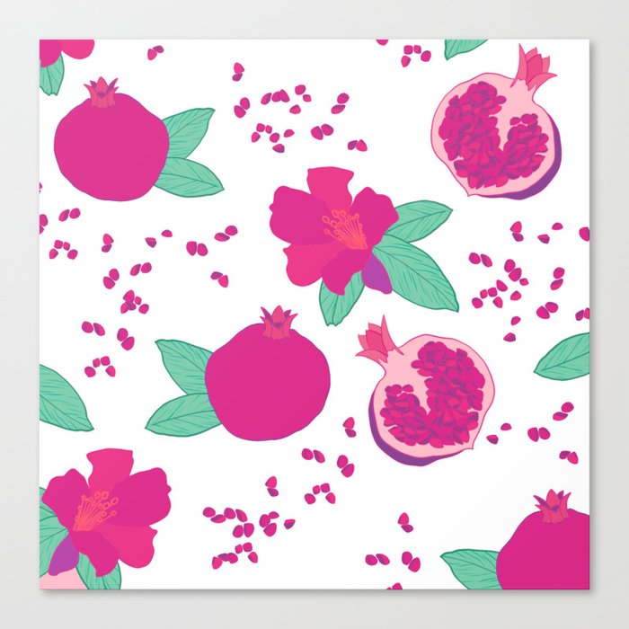 Pomegranate flower and fruit bright pink and green pattern Canvas Print