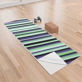 [ Thumbnail: Dark Slate Blue, Light Green, Light Cyan & Black Colored Lines/Stripes Pattern Yoga Towel ]