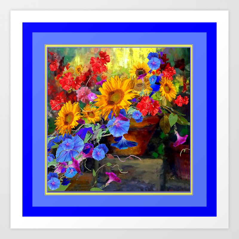 Sunflower Blue Morning Glories Still Life Painting Art Print By