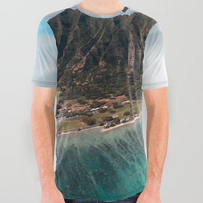 Coastal Honolulu, Hawaii turquise ocean aerial view tropical coast landscape color photograph / photography All Over Graphic Tee