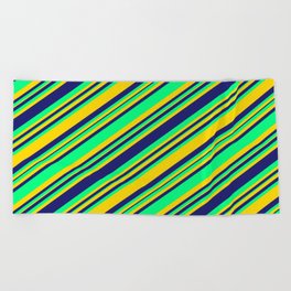 [ Thumbnail: Midnight Blue, Green, and Yellow Colored Lines/Stripes Pattern Beach Towel ]