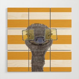 Funny Ostrich with Yellow Glasses on Stripe Pattern Wood Wall Art