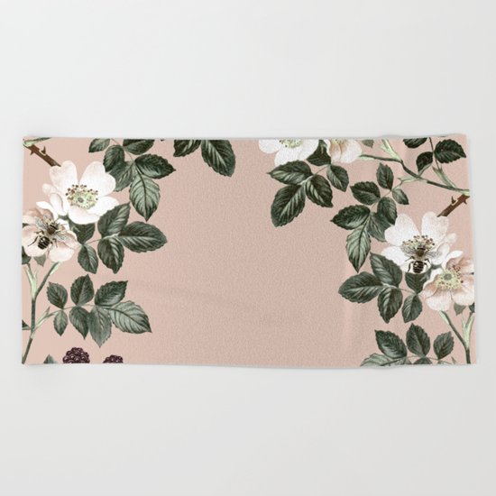 Bee Blackberry Bramble Coral Pink Beach Towel