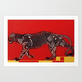 Panthere coffreet; black panther on red tropical jungle cat portrait painting by J. Dunand  Art Print