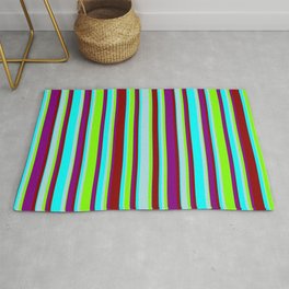 [ Thumbnail: Cyan, Powder Blue, Chartreuse, Purple & Dark Red Colored Lines/Stripes Pattern Rug ]