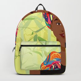 Set of young attractive african american women, Landscape of bamboo stems and leaves background. 1/3 Backpack