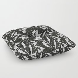 White and grey floral branches on black background Floor Pillow