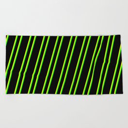 [ Thumbnail: Black, Yellow, and Lime Colored Pattern of Stripes Beach Towel ]